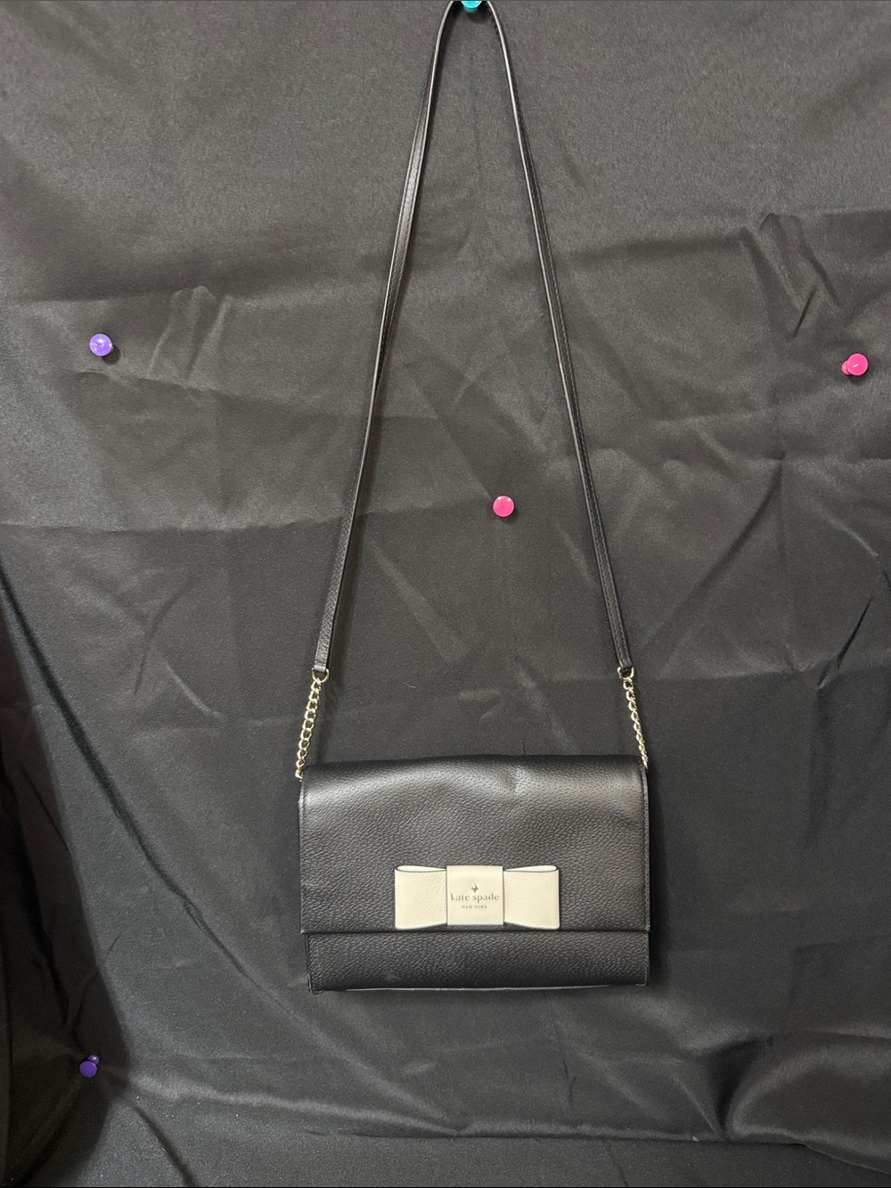 kate spade Black Leather Bow Crossbody with Gold Accent